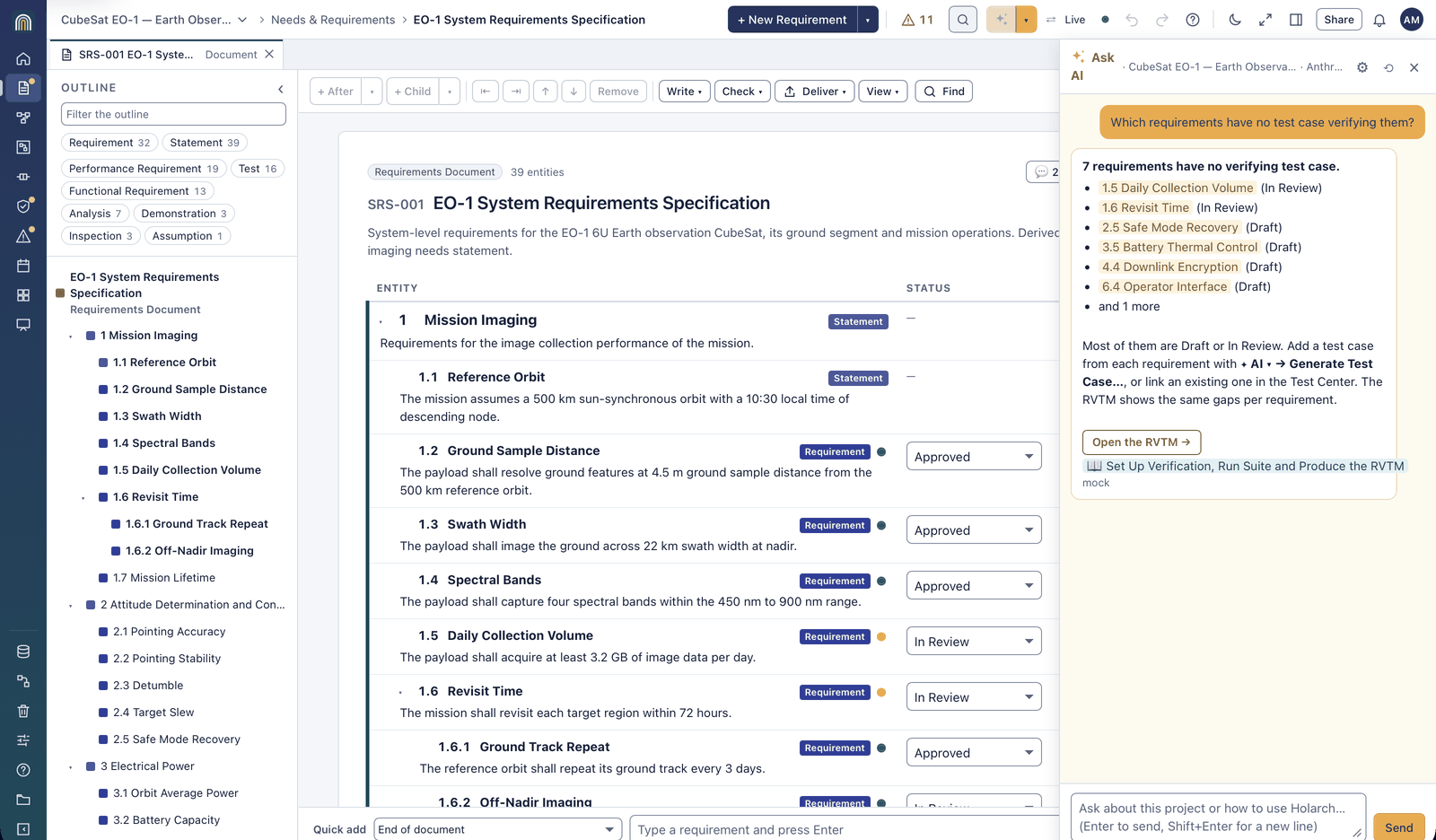 Ask AI panel beside the EO-1 requirements document, answering which requirements have no verifying test case with linked requirements, a button to open the RVTM and a link to the Help how-to