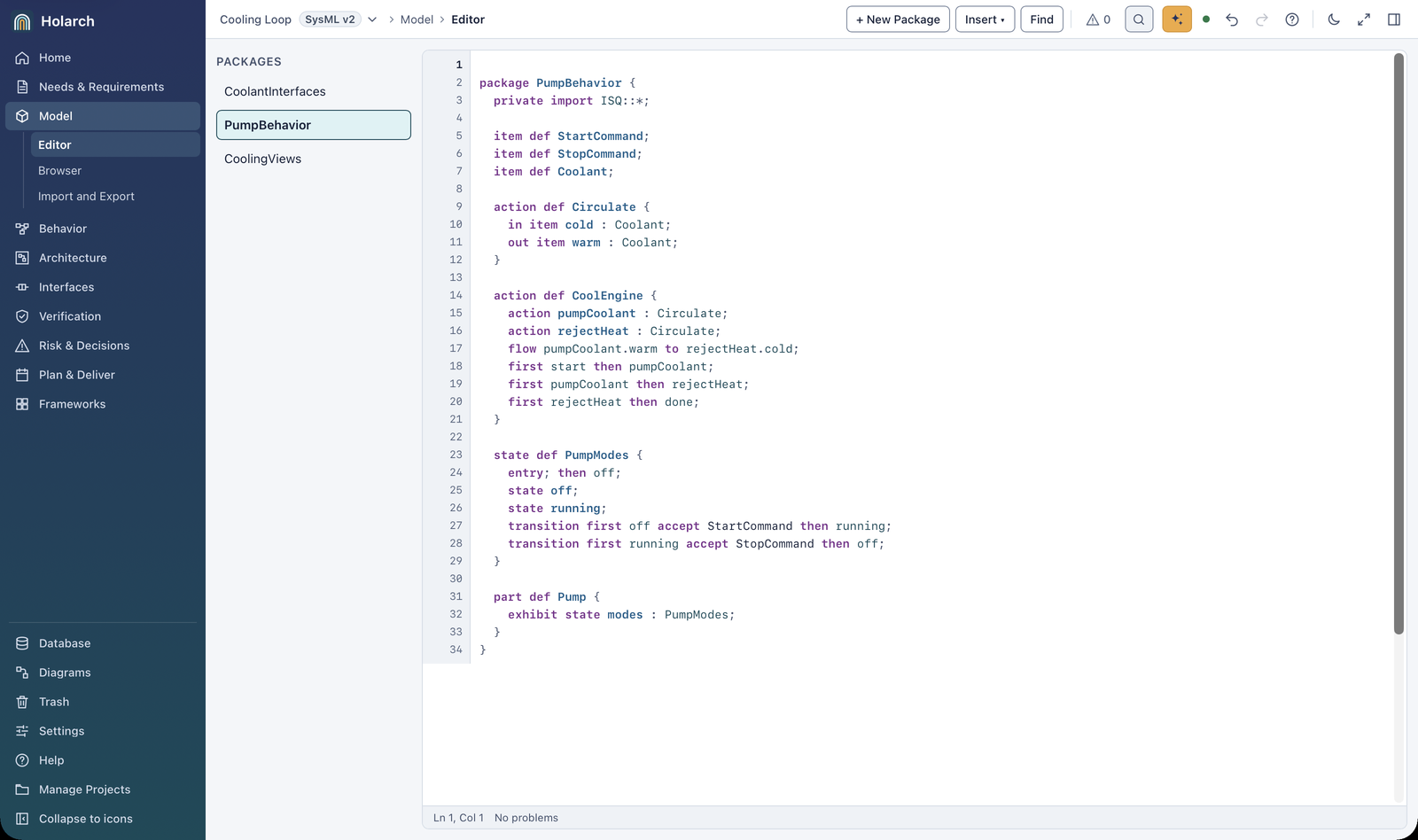 The Holarch Editor showing the PumpBehavior package from this page with no problems reported