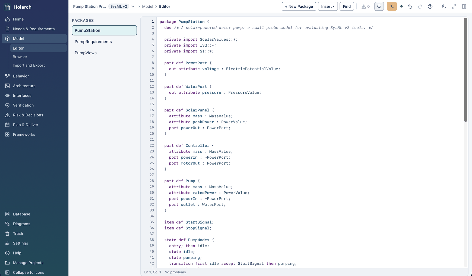The test model in Holarch's Editor: the PumpStation, PumpRequirements and PumpViews packages listed, the PumpStation text with ports and parts, and the status line reading No problems